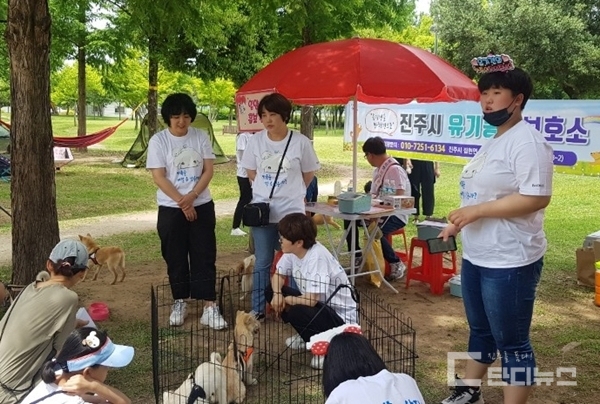 유기동물 봉사단체 리본팀이 유기견 입양 홍보활동을 펼치고 있다. 