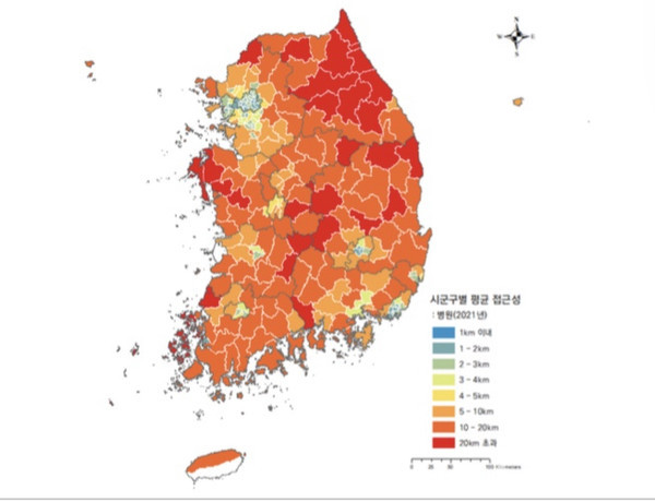 인구위기에 대응하는 지역의 미래 전략(국회미래연구원 연구보고서)시군구별 의료시설 접근성 현황(2021년 기준) 출처 국토지리정보원 