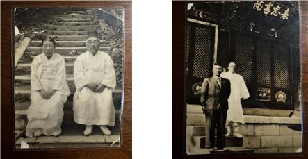 사진6 (좌) 외할아버지 외할머니 사진 (우) 해방 후 약산이 환국했을 당시 밀양 표충사 주지와 함께 찍은 사진