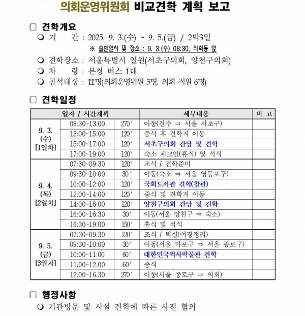 운영위원회는 지난 3일부터 5일까지 서울 서초구와 양천구 의회를 견학하고 국회도서관·대한민국역사박물관 등을 방문하는 일정으로 연수를 진행했다.
