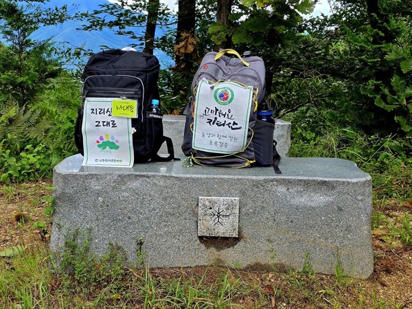 생명 평화 문양이 새겨진 돌의자에서 다정하게 휴식 중인 배낭들